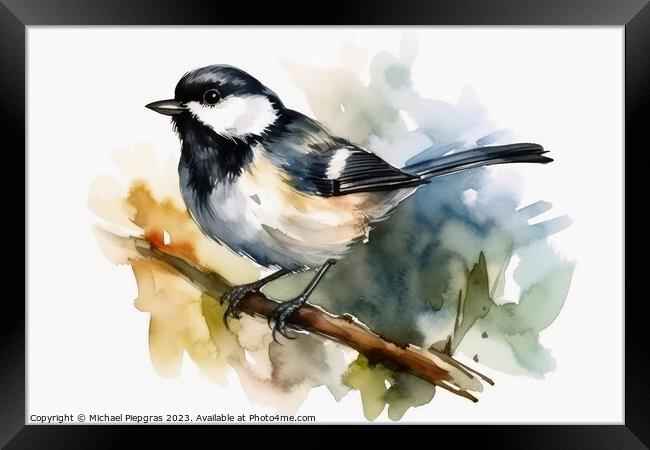 Watercolor painted coal tit bird on a white background. Framed Print by Michael Piepgras