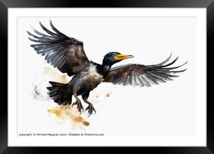 Watercolor painted cormorant on a white background. Framed Mounted Print by Michael Piepgras