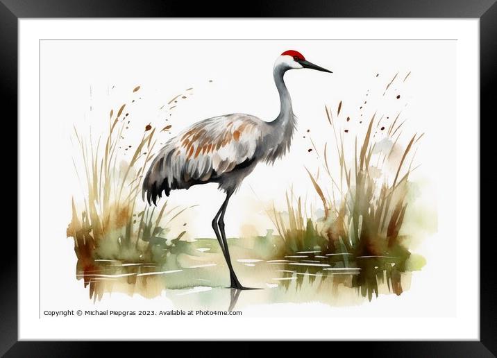 Watercolor painted crane bird on a white background. Framed Mounted Print by Michael Piepgras