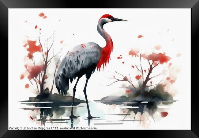 Watercolor painted crane bird on a white background. Framed Print by Michael Piepgras