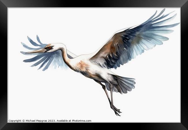 Watercolor painted crane bird on a white background. Framed Print by Michael Piepgras