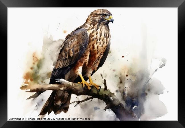Watercolor painted merlin hawk on a white background. Framed Print by Michael Piepgras
