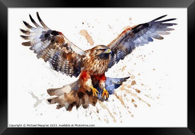 Watercolor painted merlin hawk on a white background. Framed Print by Michael Piepgras