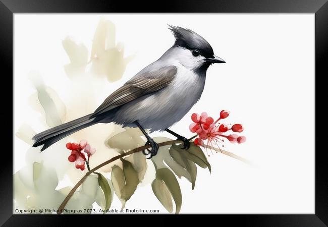 Watercolor painted eurasian blackcap on a white background. Framed Print by Michael Piepgras