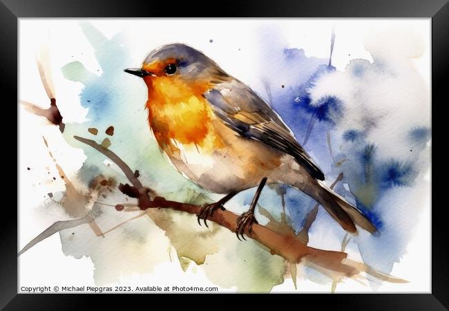 Watercolor painted robin bird on a white background. Framed Print by Michael Piepgras