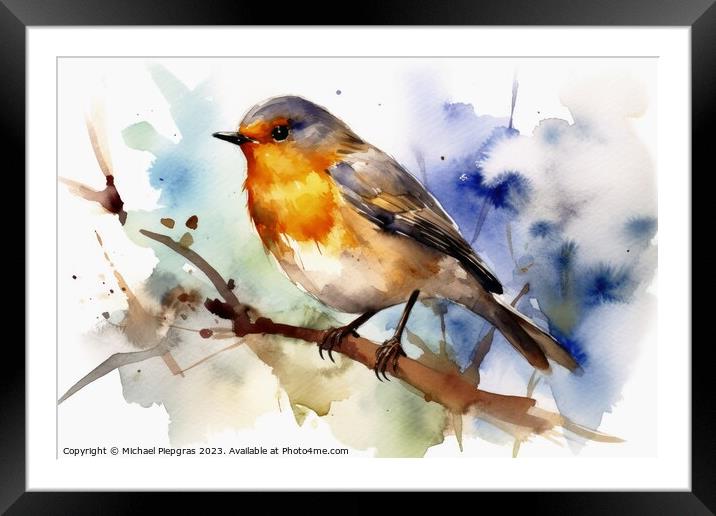Watercolor painted robin bird on a white background. Framed Mounted Print by Michael Piepgras