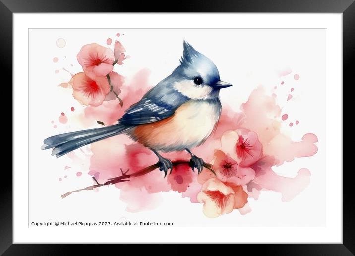 Watercolor painted titmouse bird on a white background. Framed Mounted Print by Michael Piepgras
