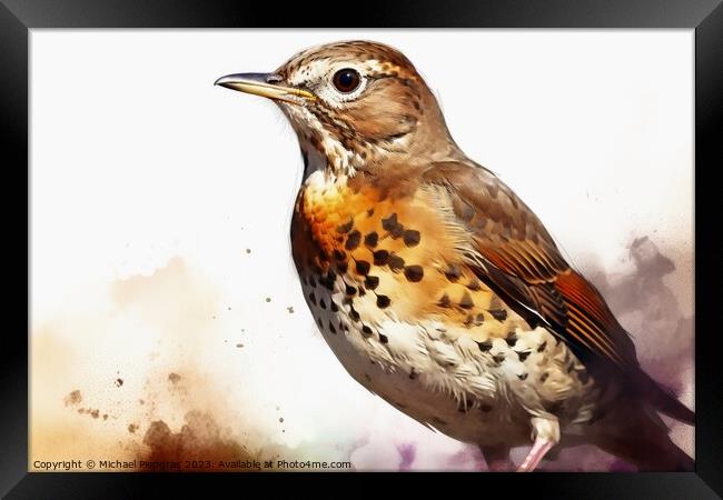 Watercolor painted song thrush bird on a white background. Framed Print by Michael Piepgras