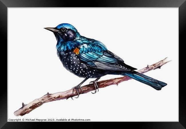 Watercolor painted starling on a white background. Framed Print by Michael Piepgras