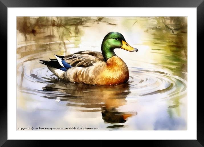 Watercolor painted mallard duck on a white background. Framed Mounted Print by Michael Piepgras