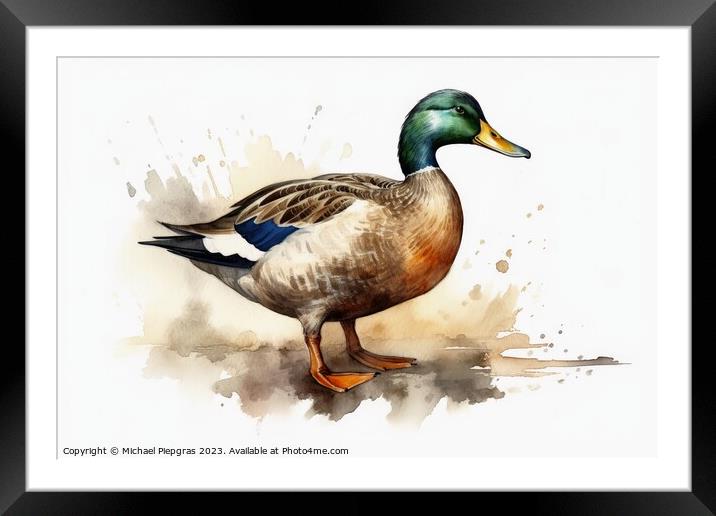 Watercolor painted mallard duck on a white background. Framed Mounted Print by Michael Piepgras