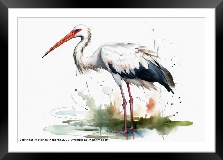 Watercolor painted white stork on a white background. Framed Mounted Print by Michael Piepgras