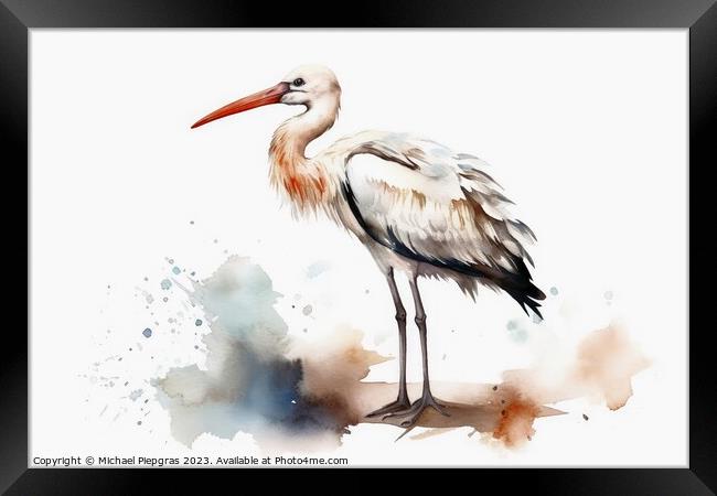 Watercolor painted white stork on a white background. Framed Print by Michael Piepgras