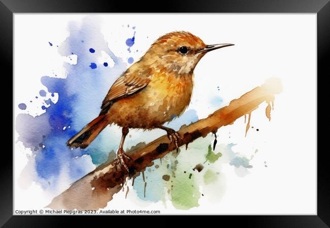 Watercolor painted wren bird on a white background. Framed Print by Michael Piepgras