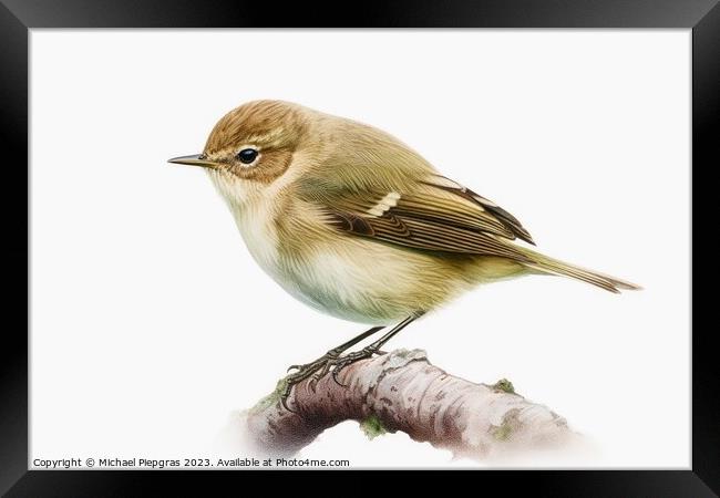 Watercolor painted chiffchaff bird on a white background. Framed Print by Michael Piepgras