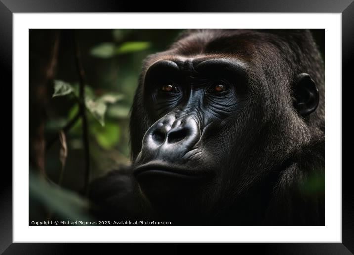 A portrait of a big male gorilla in the jungle created with gene Framed Mounted Print by Michael Piepgras