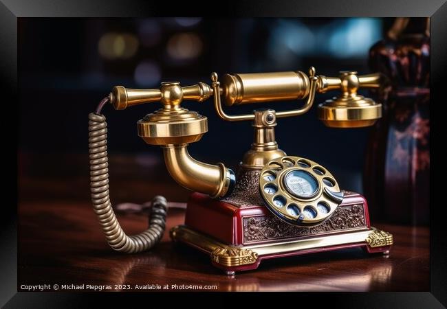 A vintage telephone on a wooden table created with generative AI Framed Print by Michael Piepgras