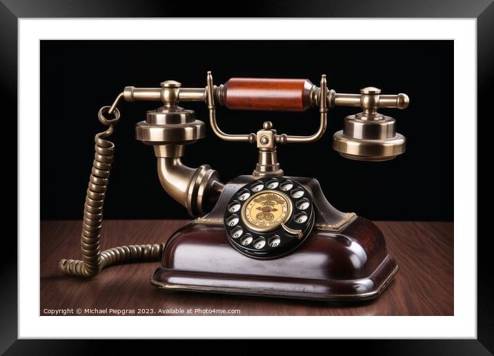 A vintage telephone on a wooden table created with generative AI Framed Mounted Print by Michael Piepgras