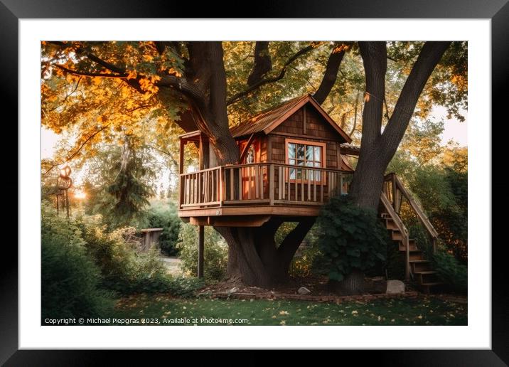 A wooden tree house for kids created with generative AI technolo Framed Mounted Print by Michael Piepgras