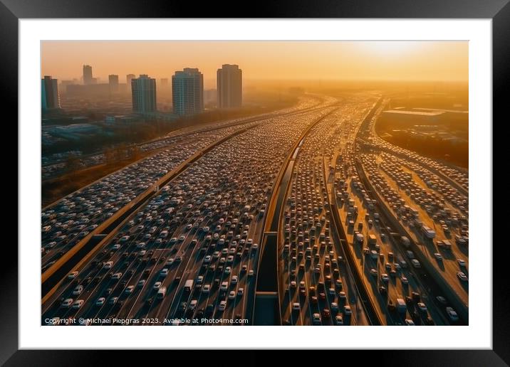 Aerial view of a highway with a huge traffic jam created with ge Framed Mounted Print by Michael Piepgras