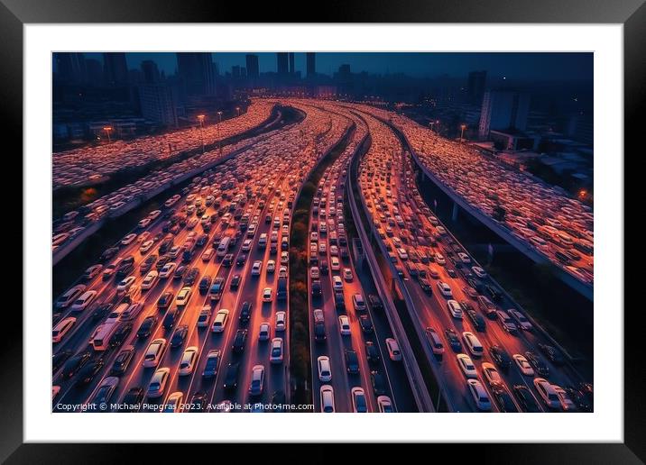 Aerial view of a highway with a huge traffic jam created with ge Framed Mounted Print by Michael Piepgras