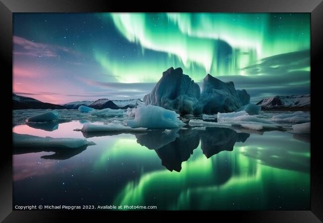 An iceberg landscape with water reflection the aurora borealis i Framed Print by Michael Piepgras