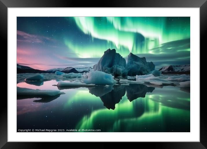 An iceberg landscape with water reflection the aurora borealis i Framed Mounted Print by Michael Piepgras