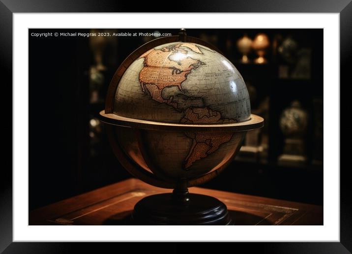 An old globe showing planet earth created with generative AI tec Framed Mounted Print by Michael Piepgras