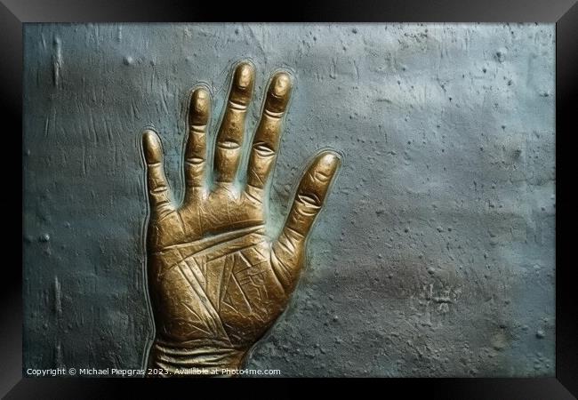 Metal surface background with the relief imprint of a human hand Framed Print by Michael Piepgras