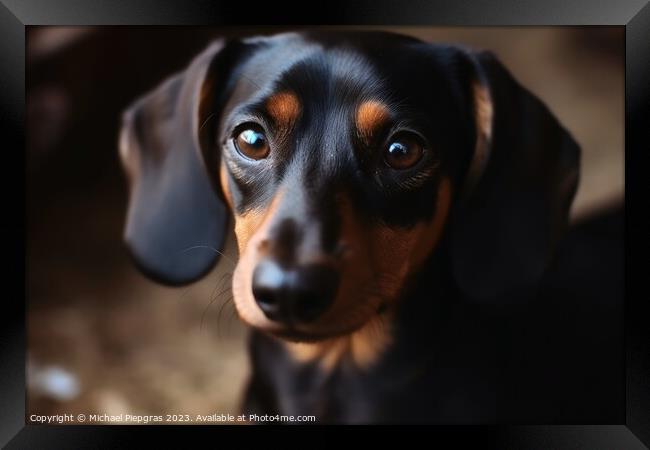 Portrait of a cute sausage dog with brown eyes created with gene Framed Print by Michael Piepgras