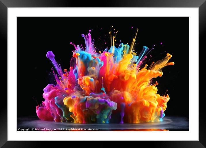Raindow colored liquid explosion created with generative AI tech Framed Mounted Print by Michael Piepgras