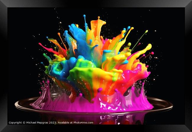 Raindow colored liquid explosion created with generative AI tech Framed Print by Michael Piepgras