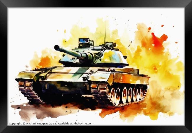 Watercolor of a tank on a white background created with generati Framed Print by Michael Piepgras