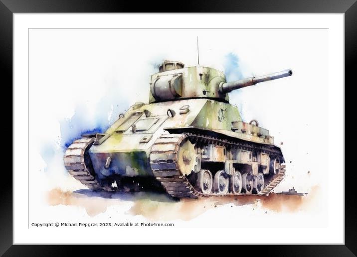 Watercolor of a tank on a white background created with generati Framed Mounted Print by Michael Piepgras