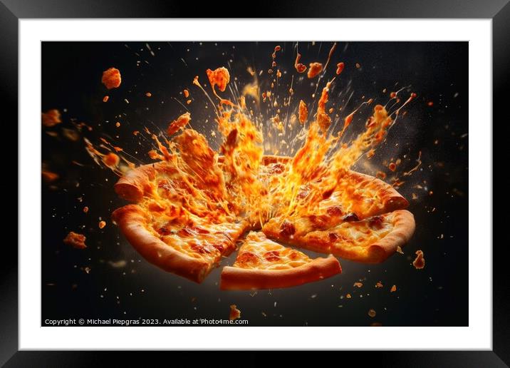 Exploding pizza on a dark background created with generative AI  Framed Mounted Print by Michael Piepgras