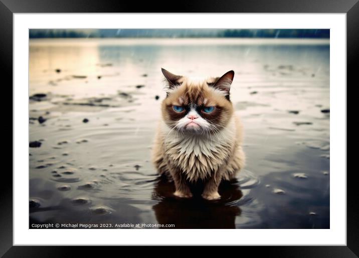 A Surreal grumpy cat created with generative AI technology. Framed Mounted Print by Michael Piepgras