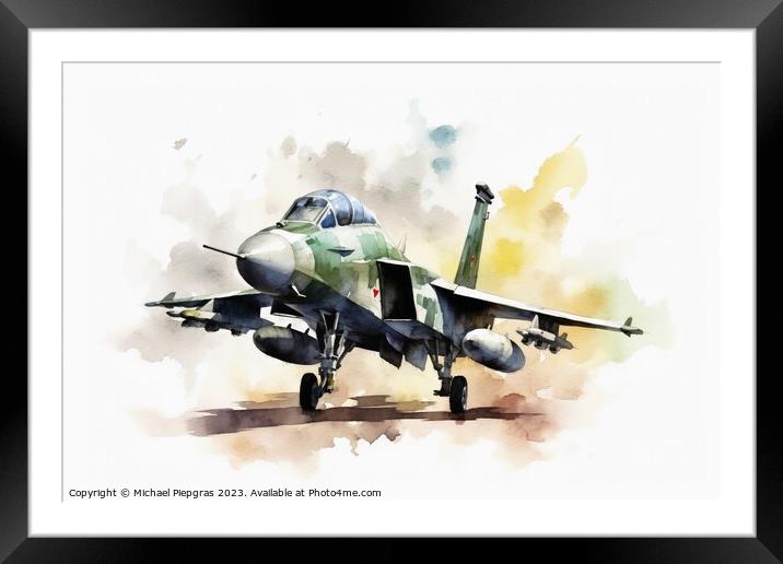 Watercolor military jet on white background created with generat Framed Mounted Print by Michael Piepgras