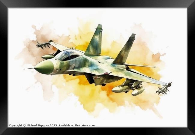 Watercolor military jet on white background created with generat Framed Print by Michael Piepgras