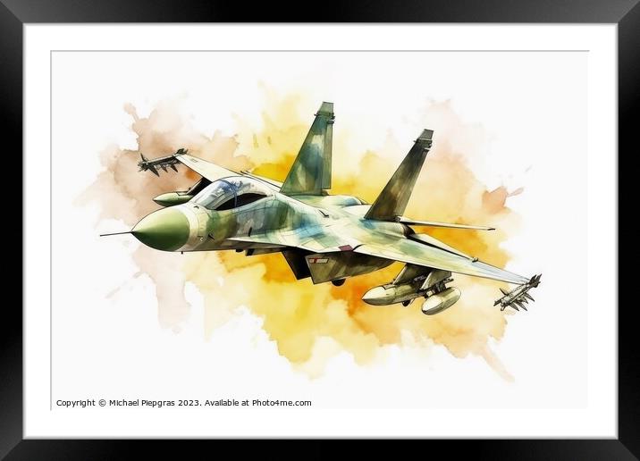 Watercolor military jet on white background created with generat Framed Mounted Print by Michael Piepgras