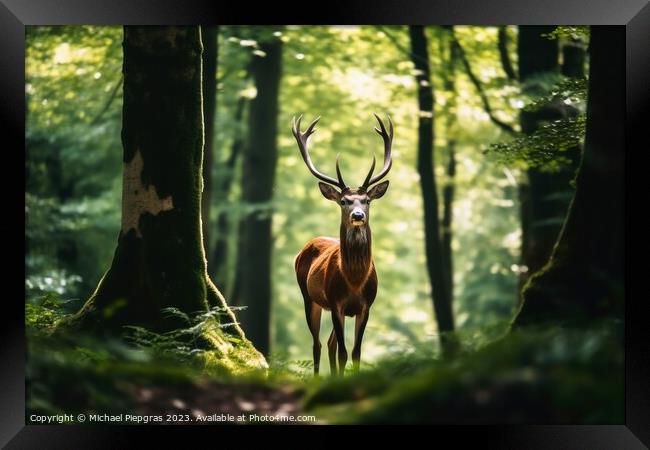 Wild deer in a forest created with generative AI technology. Framed Print by Michael Piepgras
