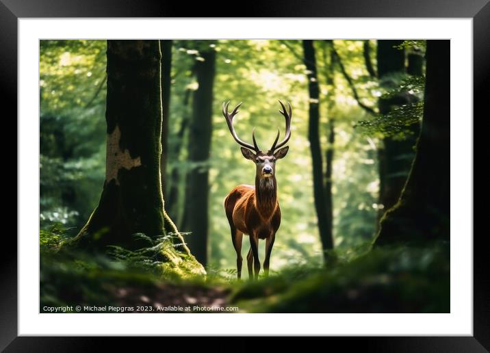 Wild deer in a forest created with generative AI technology. Framed Mounted Print by Michael Piepgras