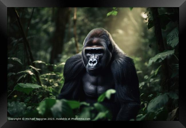 A big gorilla in the jungle created with generative AI technolog Framed Print by Michael Piepgras