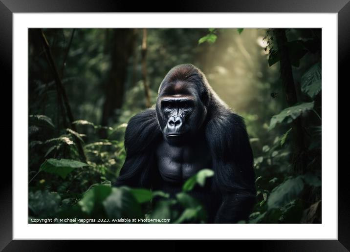 A big gorilla in the jungle created with generative AI technolog Framed Mounted Print by Michael Piepgras