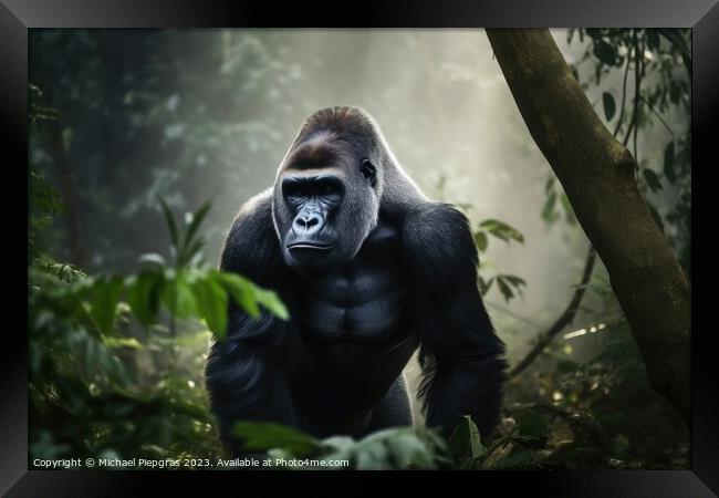 A big gorilla in the jungle created with generative AI technolog Framed Print by Michael Piepgras