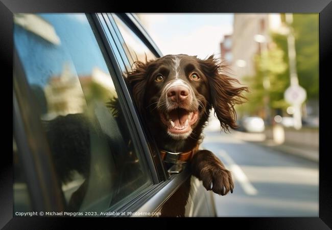 A funny dog out of a car window created with generative AI techn Framed Print by Michael Piepgras