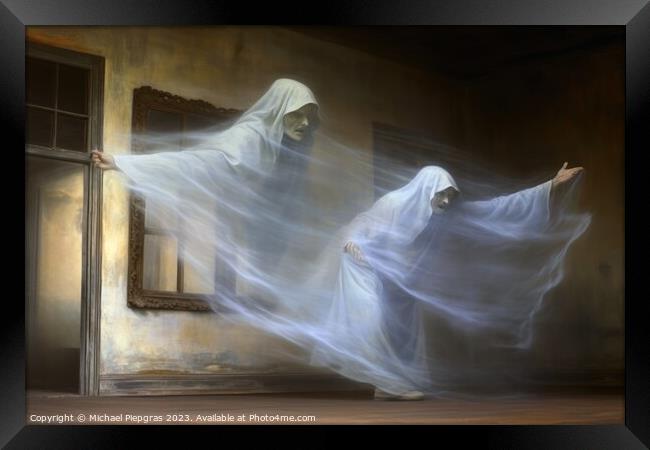 A ghost in an old room created with generative AI technology. Framed Print by Michael Piepgras