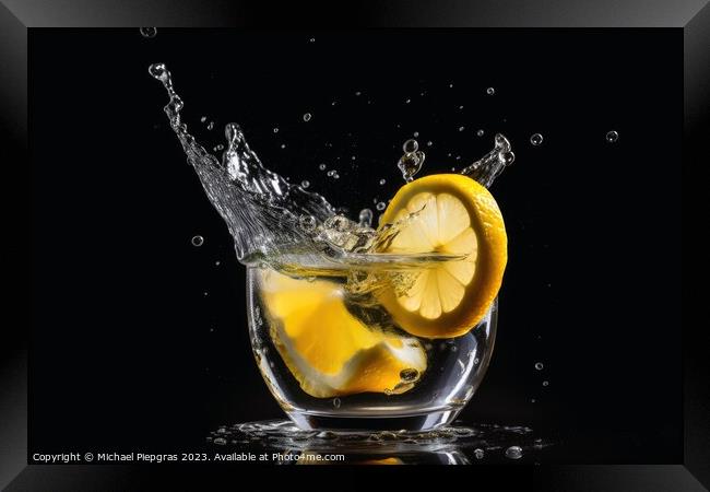A lemon slice splashing into a cold cocktail created with genera Framed Print by Michael Piepgras