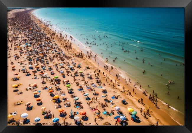 Aerial view of a sunny beach crowded with people created with ge Framed Print by Michael Piepgras