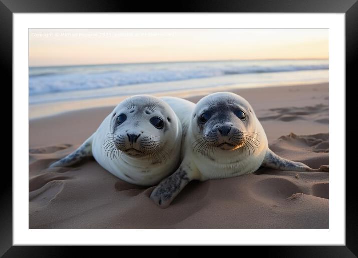 Baby seals on the beach created with generative AI technology. Framed Mounted Print by Michael Piepgras