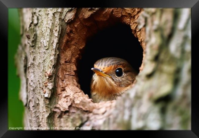 Bird peek a boo out of a tree Framed Print by Michael Piepgras